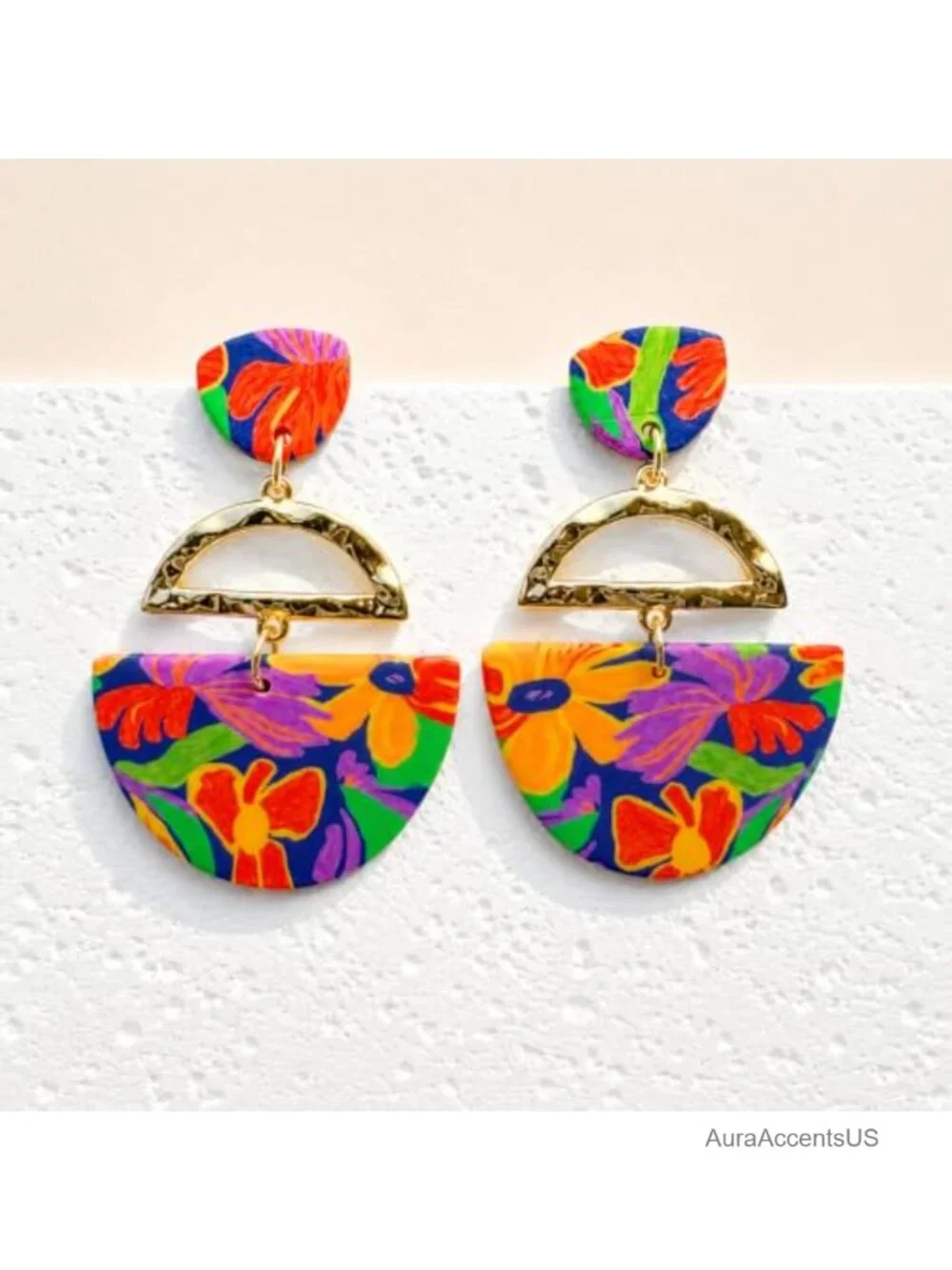 Boho Gold-Tone Clay Dangle Earrings, Floral Statement Jewelry